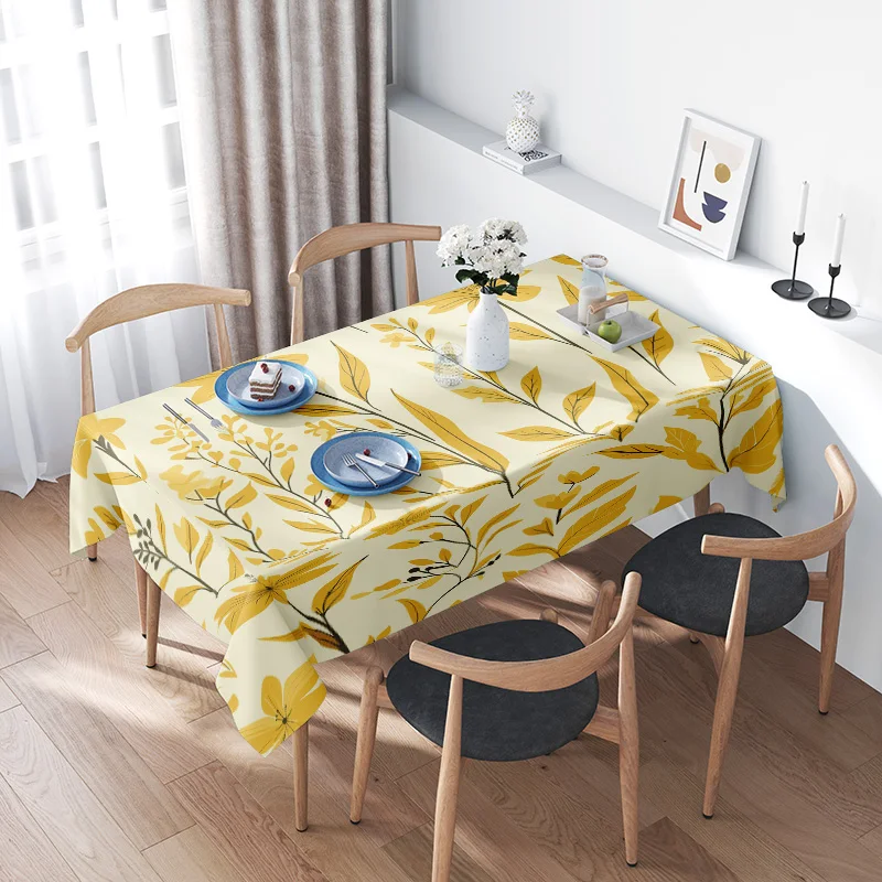 

Modern Floral Tablecloth Yellow Leaves Pattern for Home Decor Washable Fabric Rectangular Dining Cover Matching Set with 4 Plate