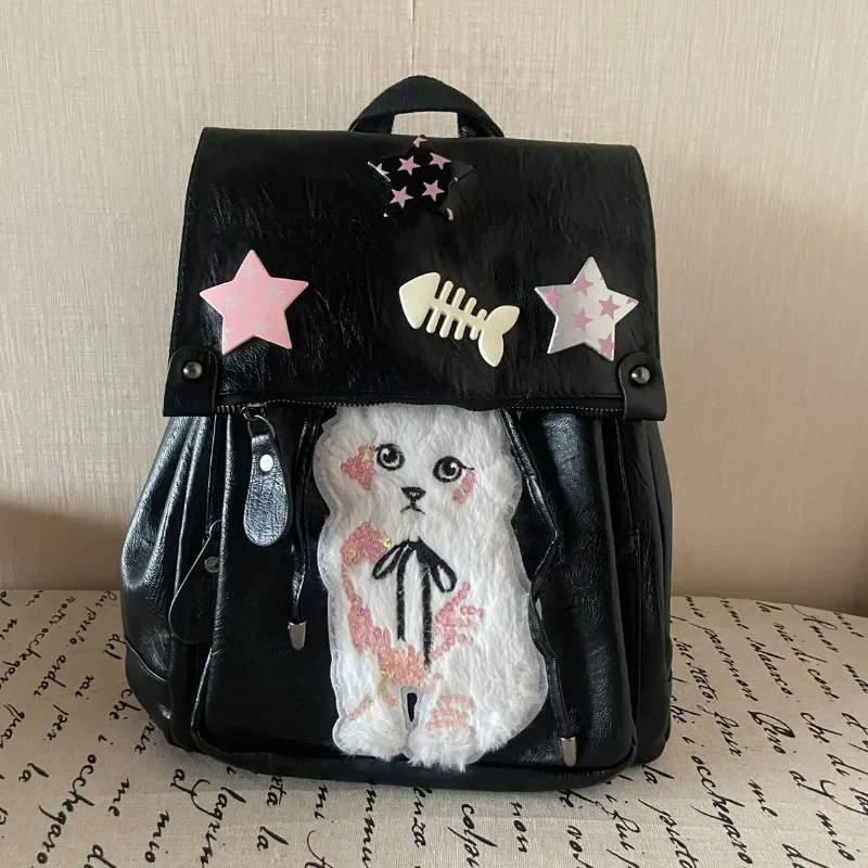 MBTI Y2k Womens Backpack Black Cute Cat Patchwork Casual Fashion Pu Leather Backpack Popular Designer Gothic Kawaii Female Bag