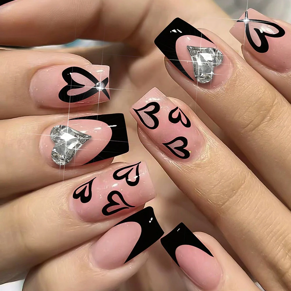 24Pcs Short Square French Fake Nails with Heart Rhinestone Nude Pink Black French Press on Nails Valentine's Day False Nail Tips