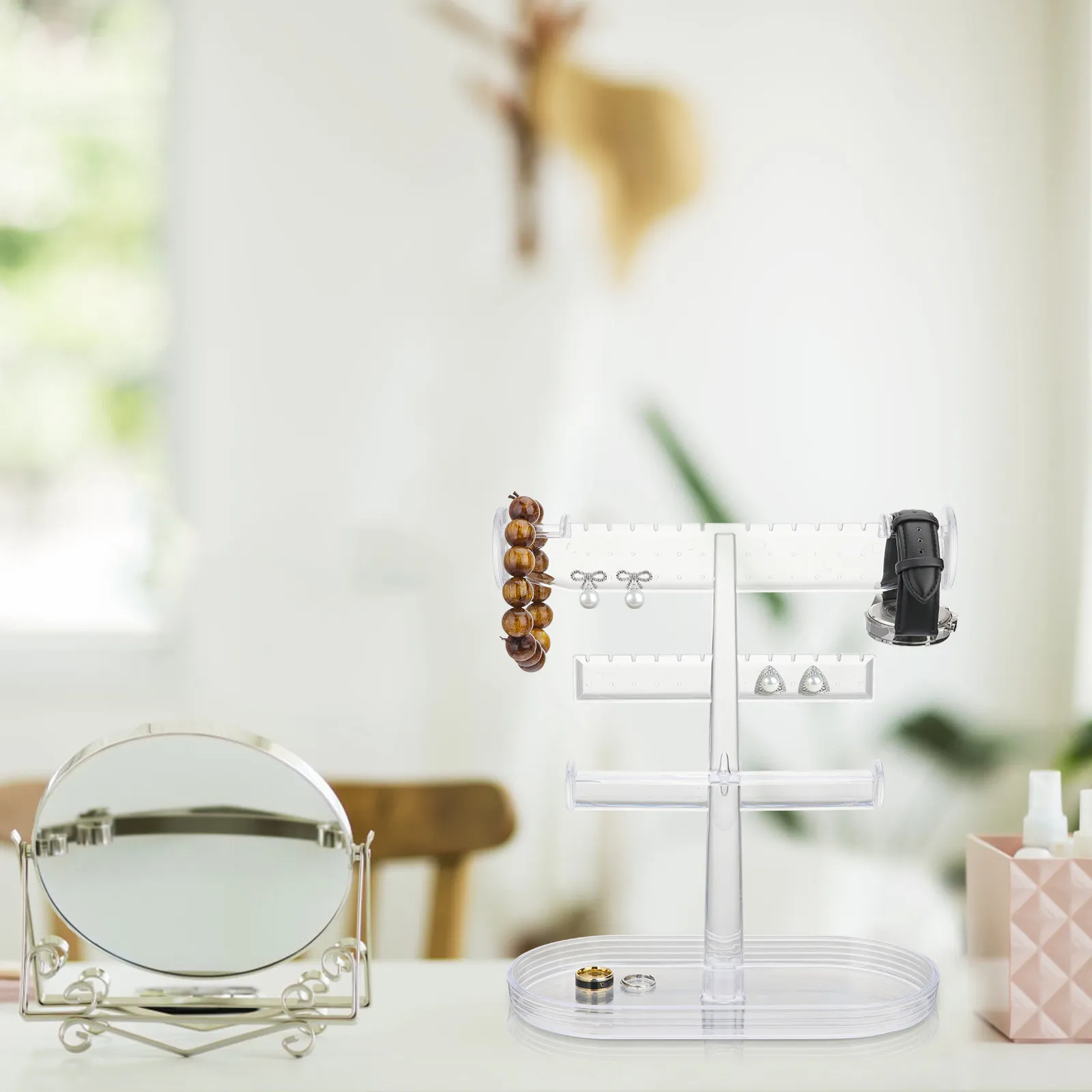 

Jewelry Holder 3 Tier Stand Rack Tower for Earrings Necklaces Bracelets Rings with Sturdy Oval Base Strong Plastic Decorative