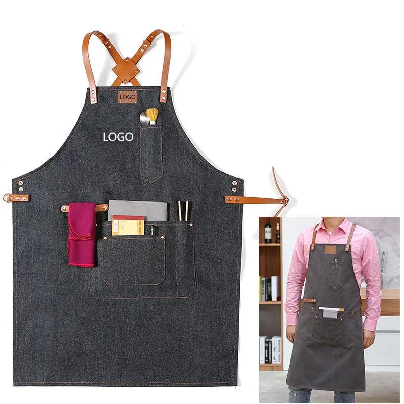 Waterproof Floral PU Leather Straps Canvas Apron for Barista Barber Kitchen Work - Unisex Barbecue Restaurant Cooking