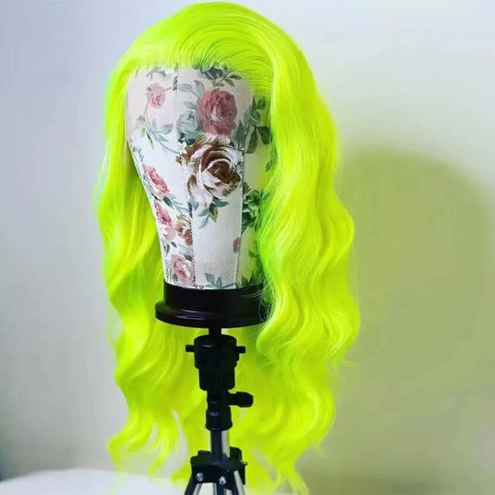 Mxwig Body Wave neon hijau sintetis renda depan wig dengan bagian gratis rambut palsu Natural wig panjang bergelombang penggunaan sehari-hari