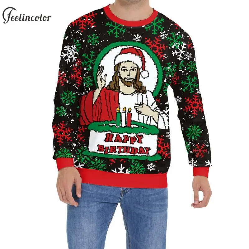 Jesus Birthday Christmas Graphic Sweatshirt for Men Xmas Dog Elk 3D Print Pullover Family Matching Hoodies Autumn Couple Clothes