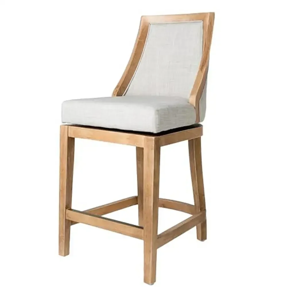 

26" High Back Barstool in Weathered Oak Finish with Sand Fabric Upholstered Seat Swivel Home Dining 300lb Capacity Natural Wood