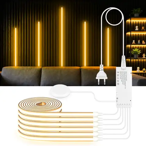 Embeded Acoustic Wall Panel Decor Self-Adhesive Neon COB LED Light Tape Kit Wood Grain Grille Curtain Wall Lamp Touch Dimmer