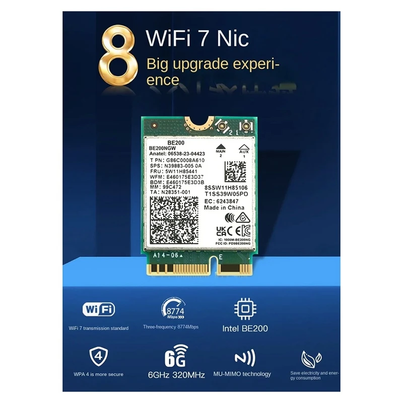 BE200 WIFI 7 Wireless Wifi Card Wifi 6E BE200NGW Bluetooth 5.4 802.11AX Tri-Band M.2 NGFF Network Adapter Durable Easy Install