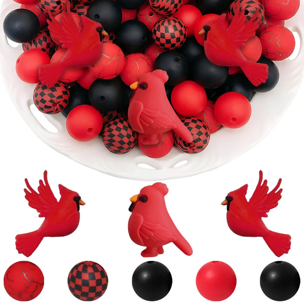 33/34-teiliges Set aus Silikonperlen der Red Bird Serie für DIY-Halsketten, Armbänder, Dekorationen, Stifte, Schmuckanhänger usw. Geburtstagsgeschenk für die Feiertage – Detail 1