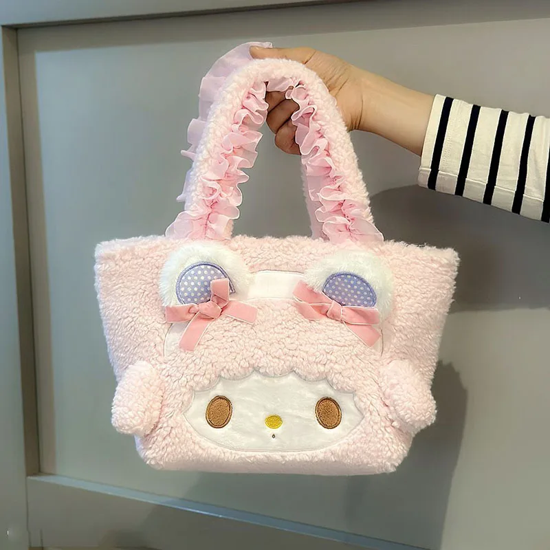 Sanrio My Melody Plush Tote Bag Cute Fluffy Handbag with Lace Ruffle Handle Bow Ears Design Large Capacity Shoulder Bag for Girl view 5