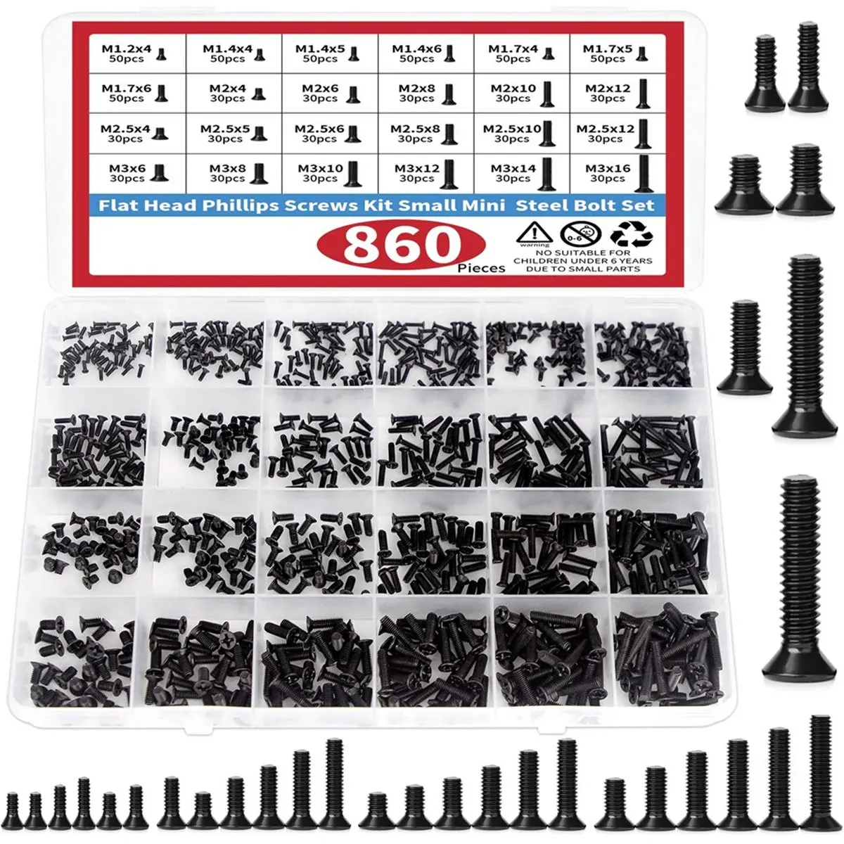 HITL 860 PCS Small Computer Screws Assortment Kit, Black Tiny Eyeglass Screws M1.2 M1.4 M1.7 M2 M2.5 M3, PC & Laptop SSD Hard