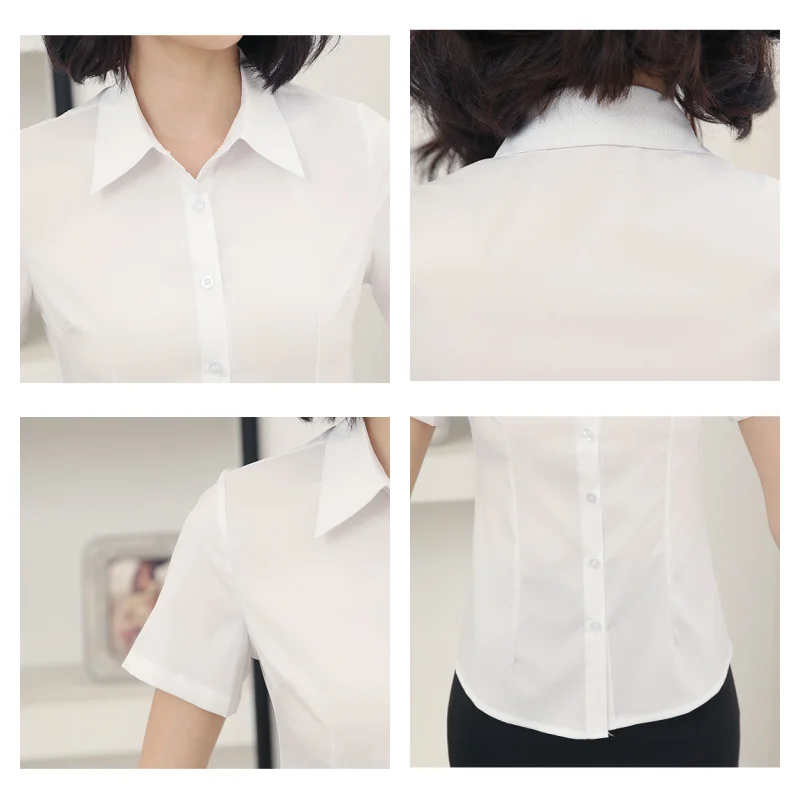 Blusa de manga corta con cuello en V para mujer, camisa de trabajo lisa, blusa bonita y barata para mujer, ropa blanca para mujer 2023