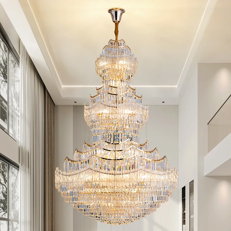 Duplex Large Chandelier European-style Villa Living Room Crystal Chandelier Light Luxury Hotel Lobby Lighting Hollow High Popula