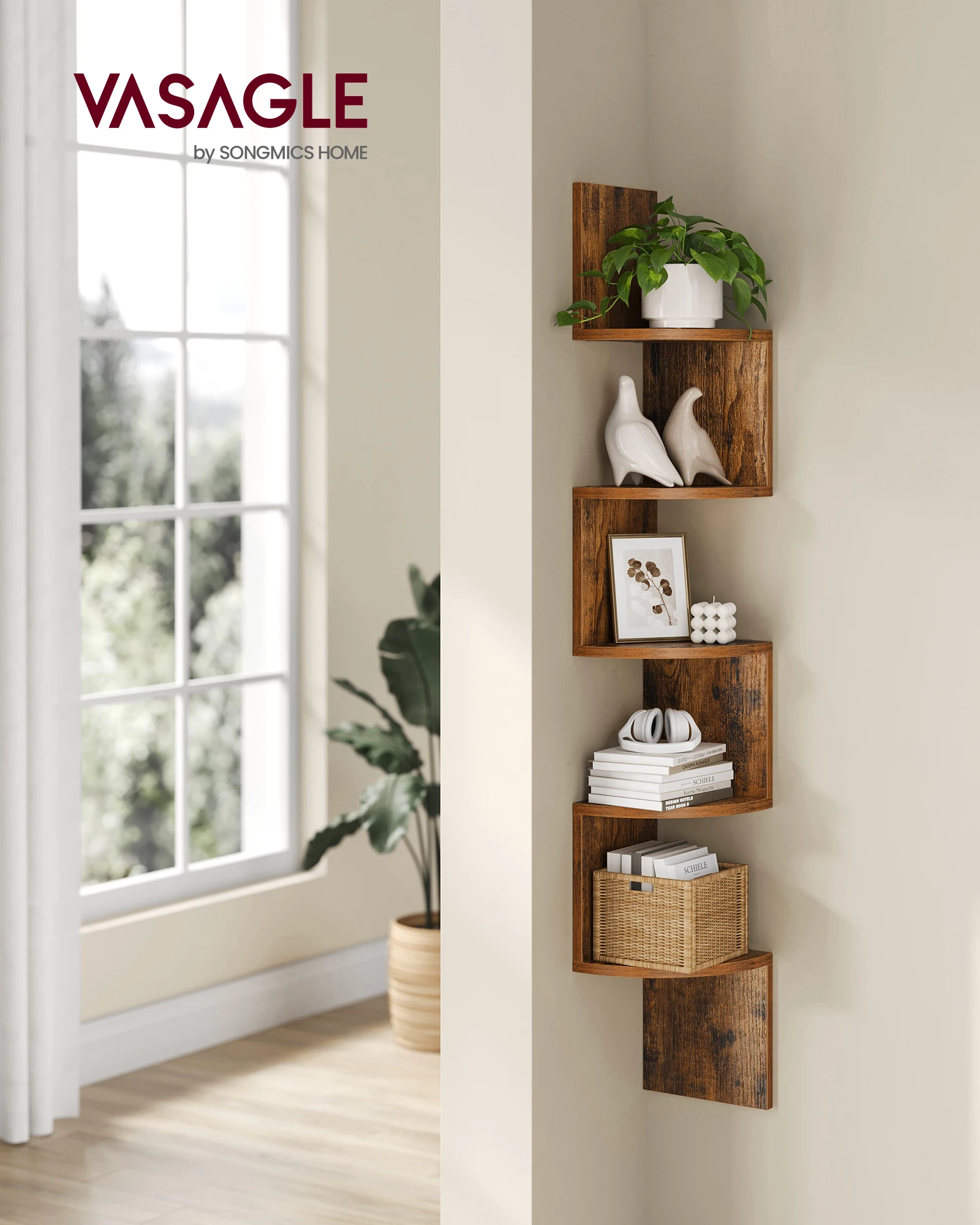 VASAGLE corner shelf, 1-liter, Wall shelf, bookcase with 5 shelves