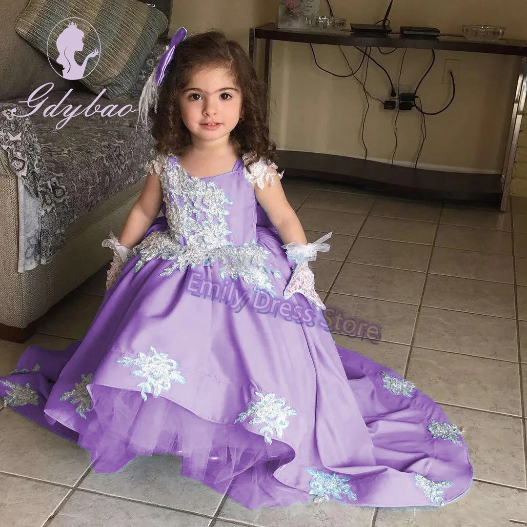 Königsblau Blumen mädchen Kleid für Hochzeit Spitze Applqique geschwollene ärmellose Prinzessin Festzug Kind Baby Geburtstag Erstkommunion Kleid