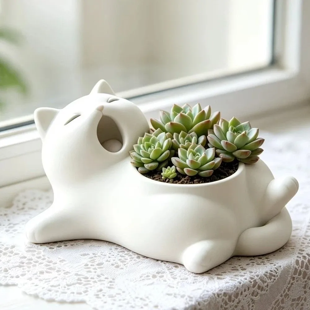 Funny 3D Printed Cat Flower Pot Cat-shaped Storage Box Multi-functional Mini Plant Pot Plastic Animal Shaped Planter Living Room