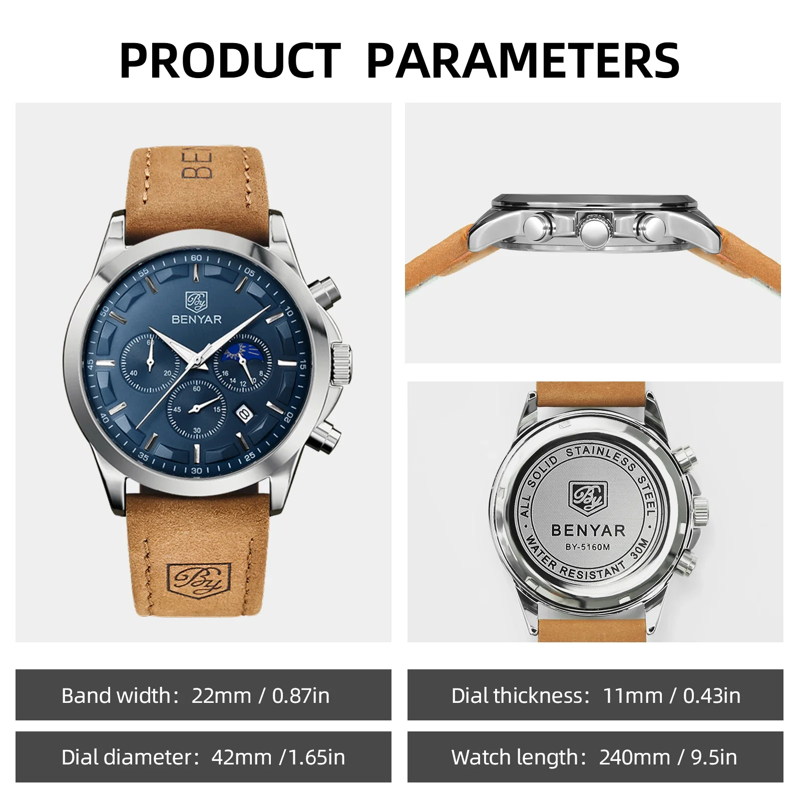 BENYAR Men's Chronograph Watch Leather Strap Hardlex Crystal Waterproof Business Casual Wristwatch Classic Sport Fashion Watch for Men Daily Wear Office Work Travel Elegant Dress Watch Stylish Timepiece Birthday Anniversary Gift for Father Husband