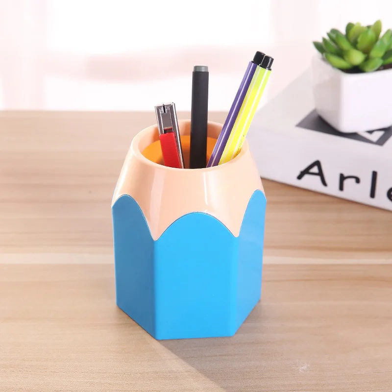 Cute Pencil Head Shape Pen Holder Pencil Storage Box Student Desktop Office Household Multifunctional Makeup Brush Organizer Box