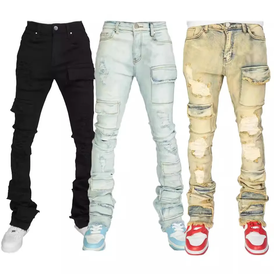 

New Ripped Stretchy Men's Stacked Jeans Destroyed Wash Tear Cargo Pants Frayed Hem Muti-pockets Denim Trousers