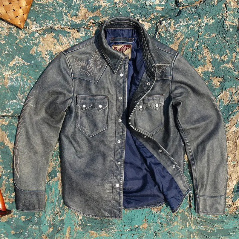 Blue Spring Leather Shirt Men Vintage Style Plus Size 4XL Genuine Natural Cowhide Single Breasted Leather Jacket