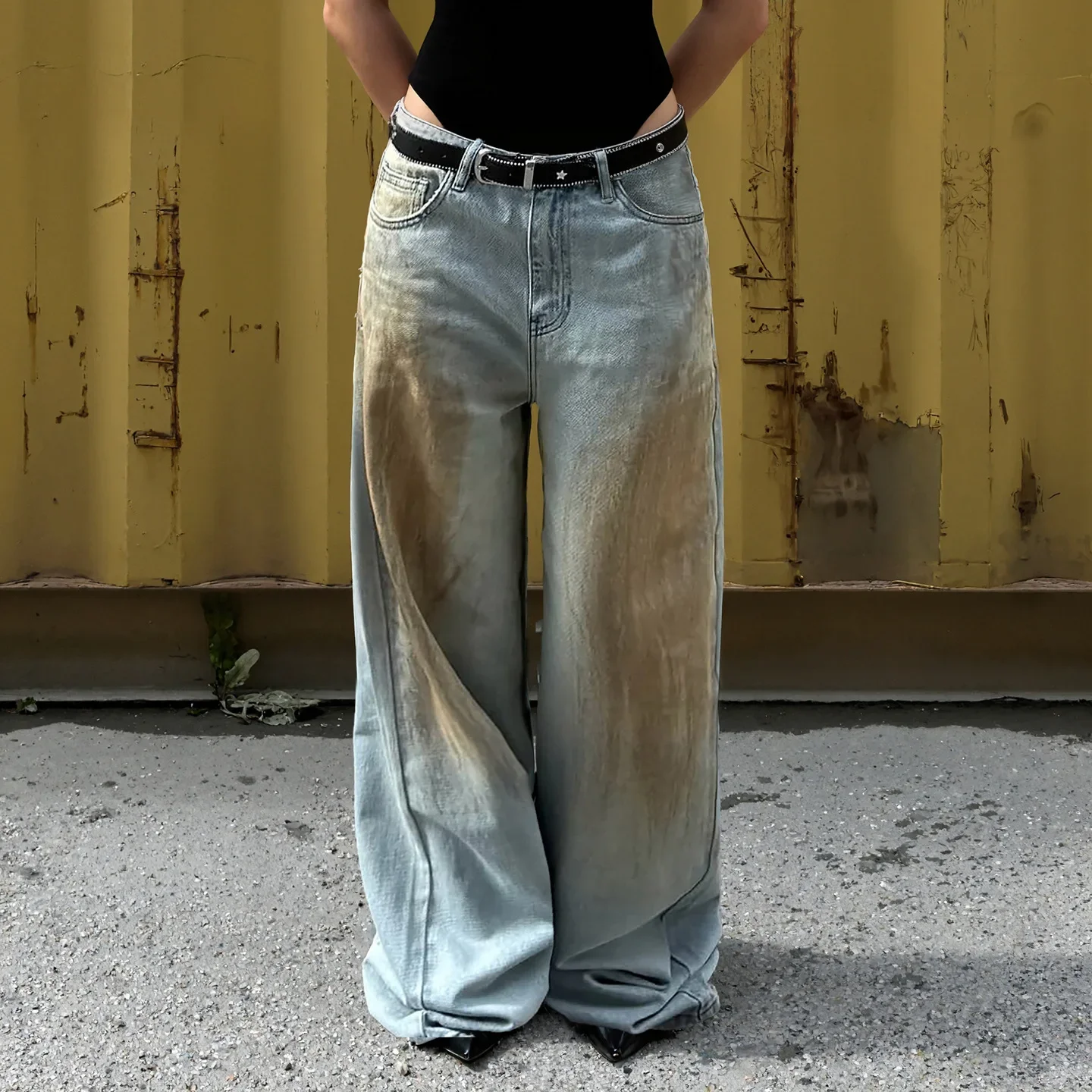 

Y2K American Retro Jeans Hot Stamping Wide Leg Women Design Washed Water Rust Low Waist Straight Leg Pants