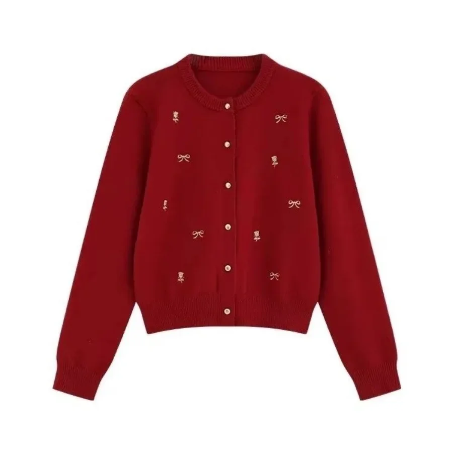 Cardigan en tricot à simple boutonnage pour femmes, manteau coréen, pull doux avec nœud brodé, vêtements à col rond, automne, hiver, printemps