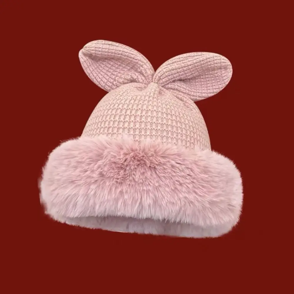 New Cute Bunny Ears Winter Hat Red Bow Thickened Plush Hats Keep Warm Christmas Gift Ear Protection