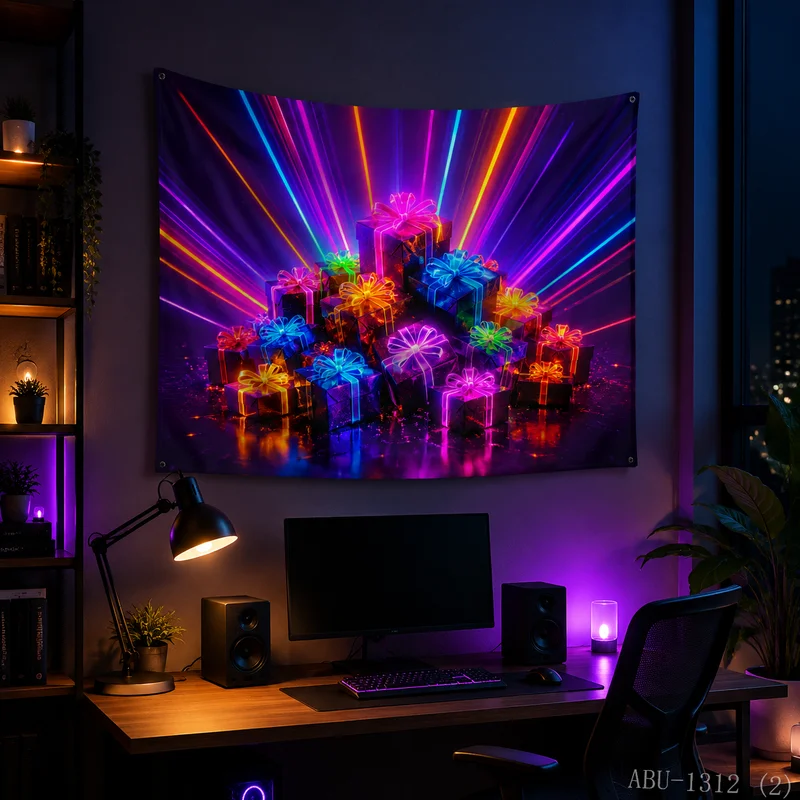 VIKAMA Neon Rainbow Gift Stack Radiant Light Ray Starry Bokeh Present Christmas Tapestry Bedroom Living Room Dorm Home Decor
