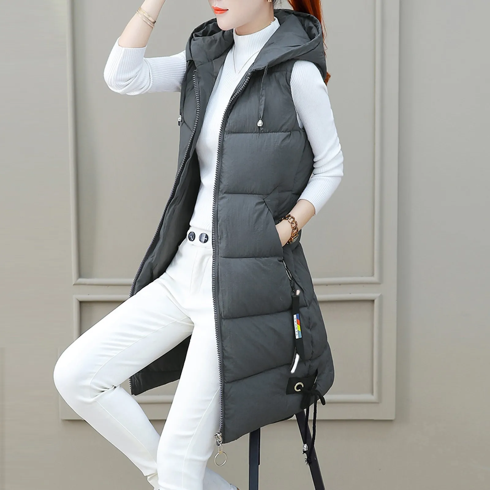 Women Casual Solid Coat Hooded Vest Zipper Pocket Loose Sleeveless Knee-Length Long Coat Winter Plain Keep Warm Down Jacket