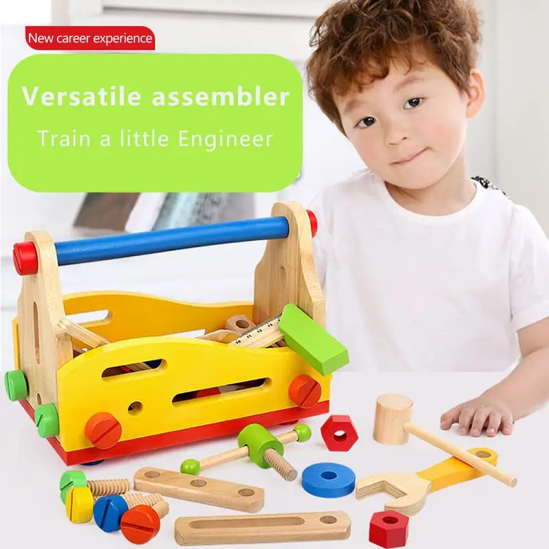 Kinder Holz Toolbox Pretend Play Set Pädagogisches Montessori Spielzeug Mutter Demontage Schraube Montage Simulation Reparatur Schreiner Werkzeug