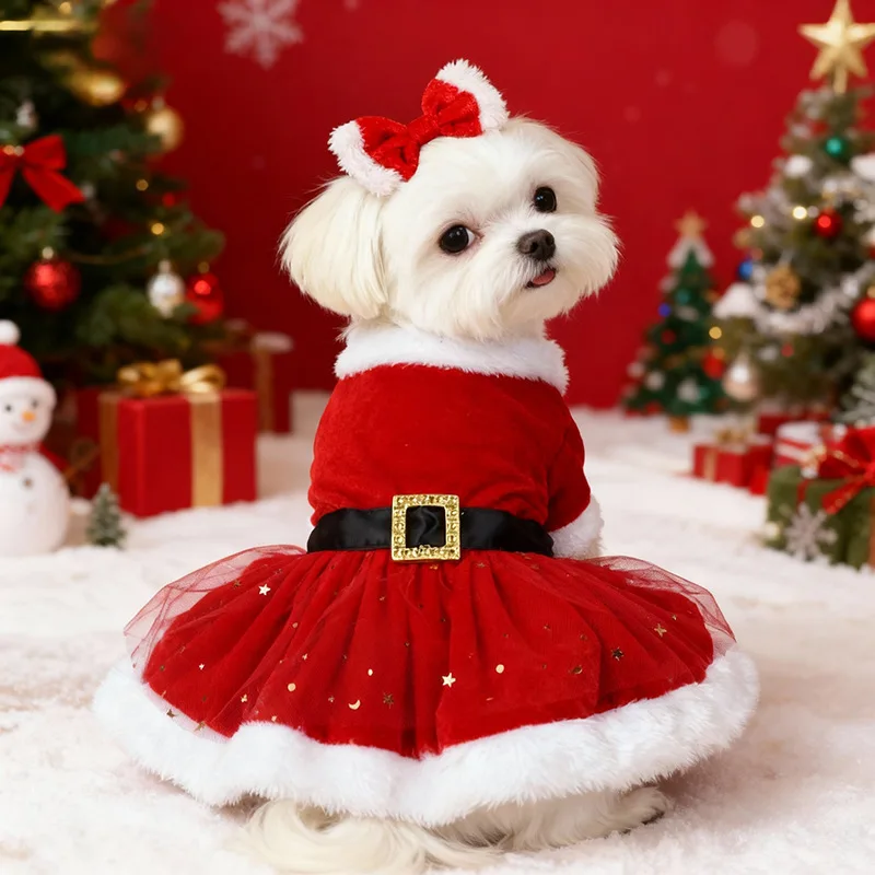Samt-Weihnachtsmannkleid für Hunde mit Pailletten-Netzrock Flauschiger Weißer Besatz Elegantes Weihnachtsoutfit für Kleine Hunde Perfekt für Fotos – Detail 5