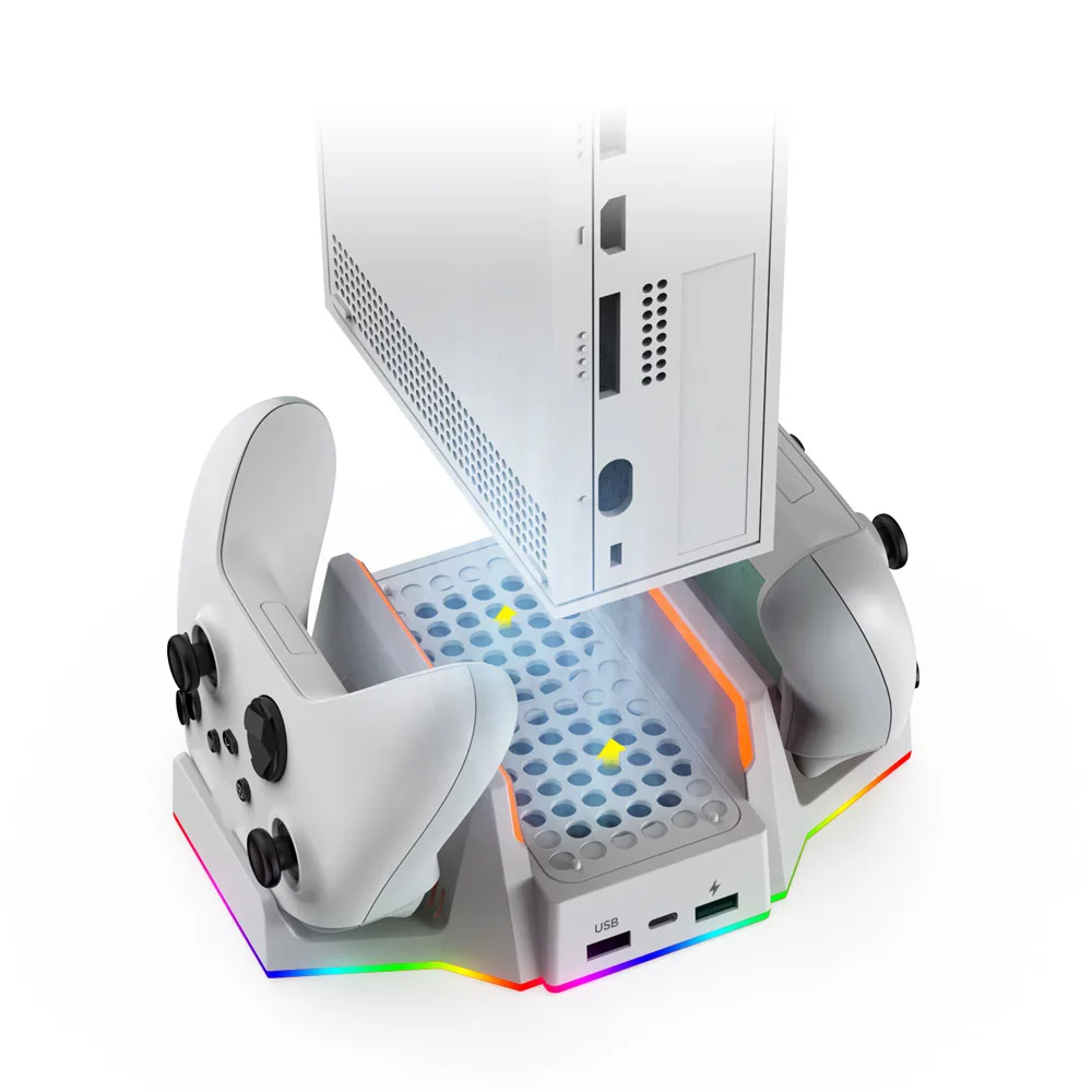 

Многофункциональная зарядная станция для XBOX S с охлаждающими вентиляторами + зарядка для двух контроллеров, RGB-подсветка. Подставка для охлаждения консоли.