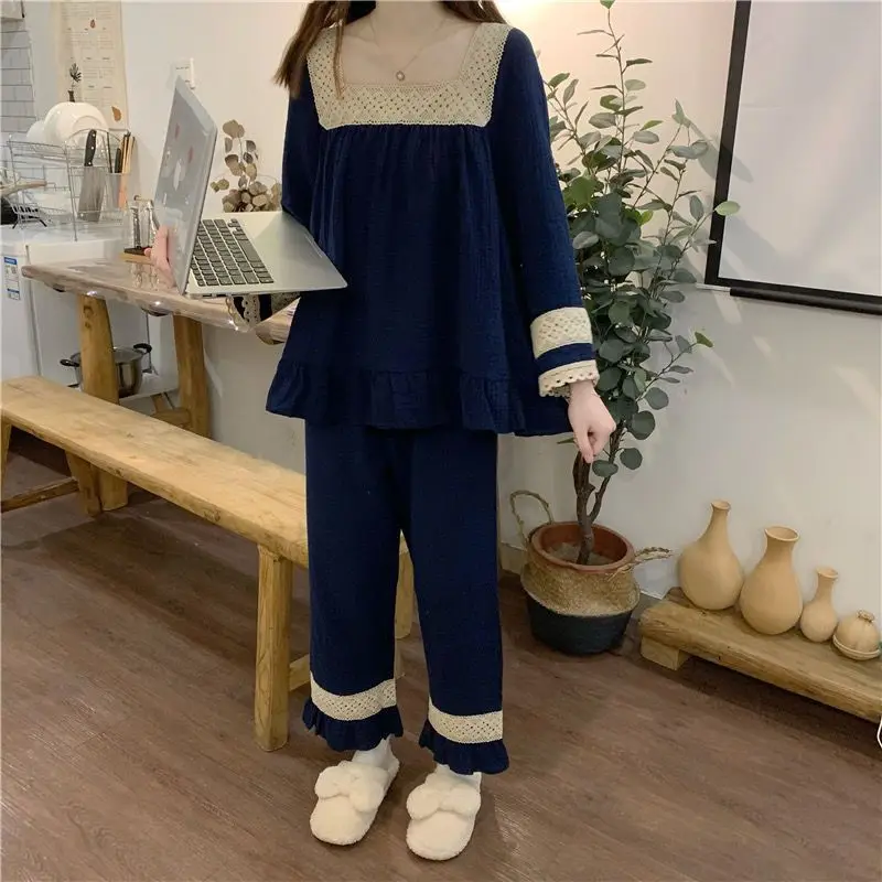 Kawaii Clothes Woman Sleepwear Long Sleeve Square Neck Pajama Sets Loungewear Sets Vintage French Princess Pant Korean Nightwear