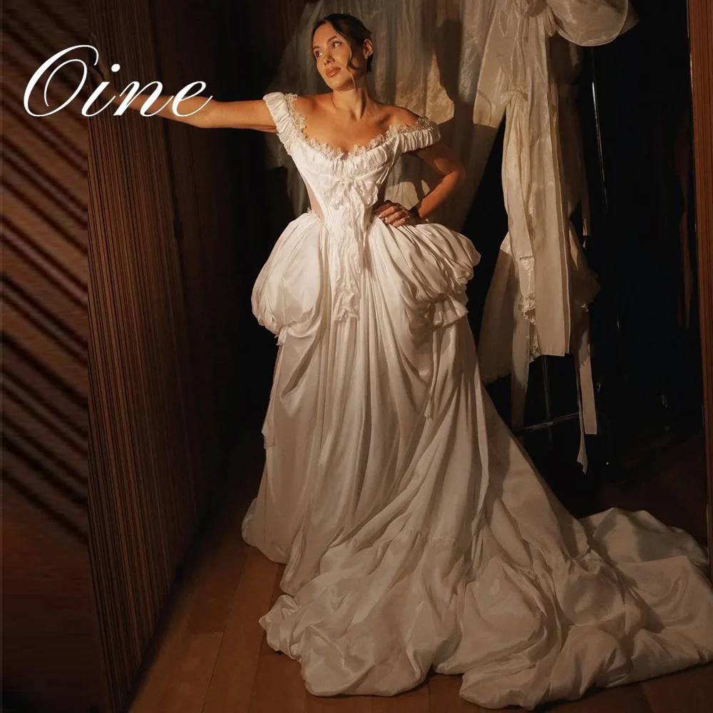 Oine Luxury Court style Stain Lace Wedding Dresses 2026 Elegant Pleat Tiered Princess Off the Shoulder Bridal Gown Customized