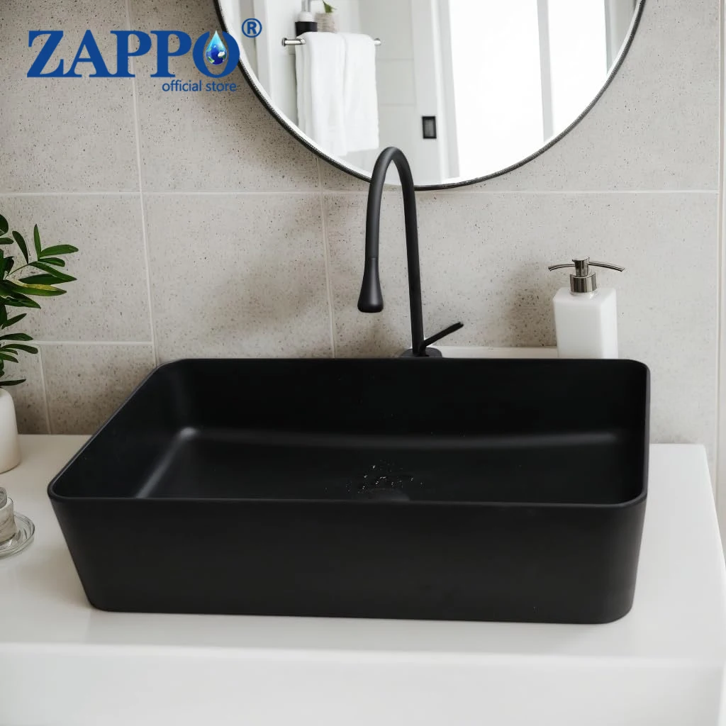 

ZAPPO 22x14 дюймов, раковина из смолы из черного камня с краном и сливом, прямоугольная раковина для ванной комнаты над столешницей, черная раковина для сосудов