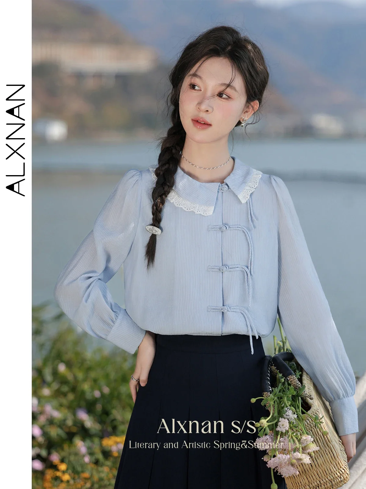 ALXNAN Women's Neo-chinese Style Shirts Retro Trendy Irregular Lapel Collar Knot Button Long Sleeve 2024 Fall Casual Tops L33738