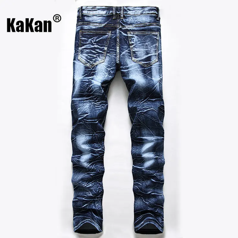 Kakan - European and American New Deep Blue Perforated Jeans for Men, Worn Out Stretch Trendy Straight Length Jeans K36-613