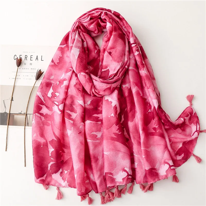 2023 New Fashion Cotton Ink Painting Pattern Tassel Scarf Shawls Women Floral Soft Head Wrap Hijab 2 Color  Free Shipping