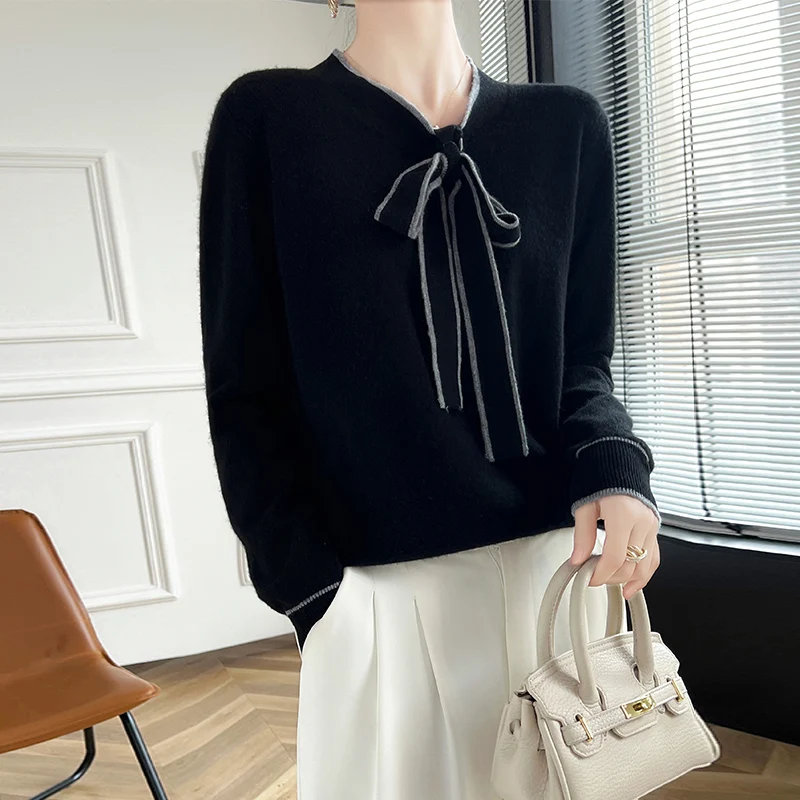 Женский свитер из 100% мериносовой шерсти с галстуком-бабочкой и цветными блоками, модный вязаный пуловер с длинными рукавами, кашемировый мягкий теплый топ одежды