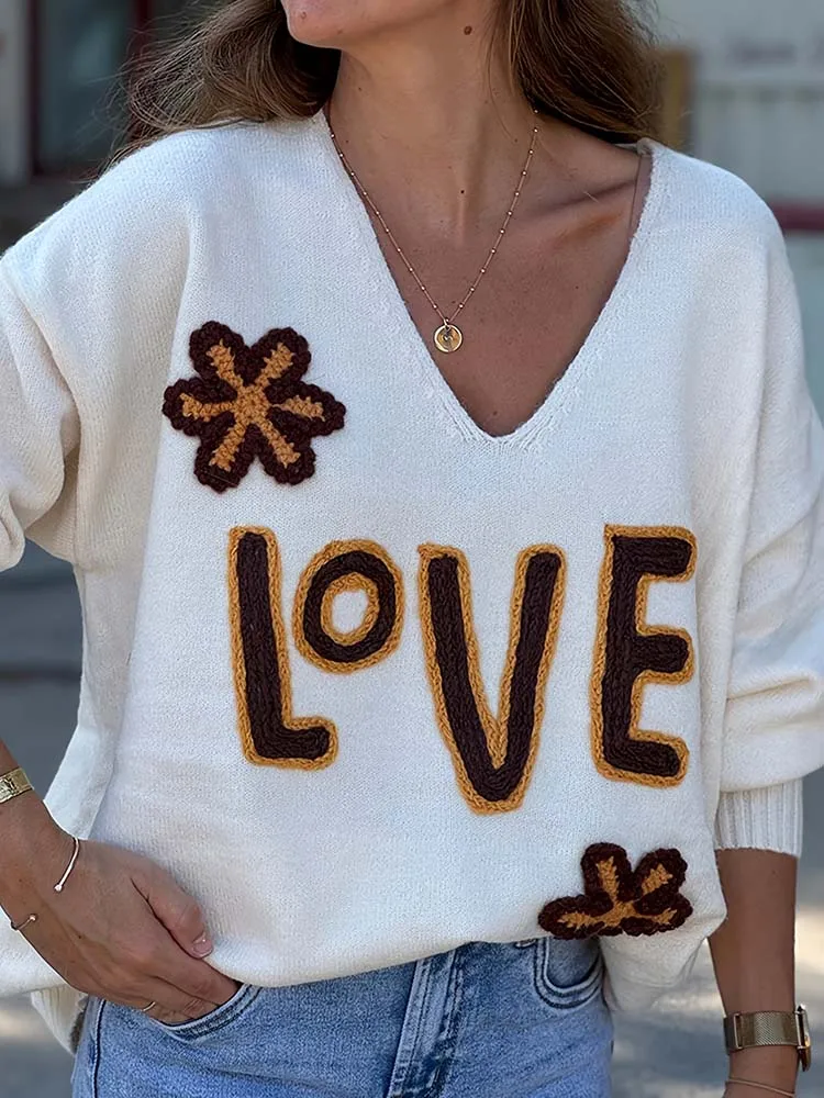 

Women's lazy wind V-neck letter embroidered casual wool pullover long-sleeved top, fashionable and loose and versatile and slim