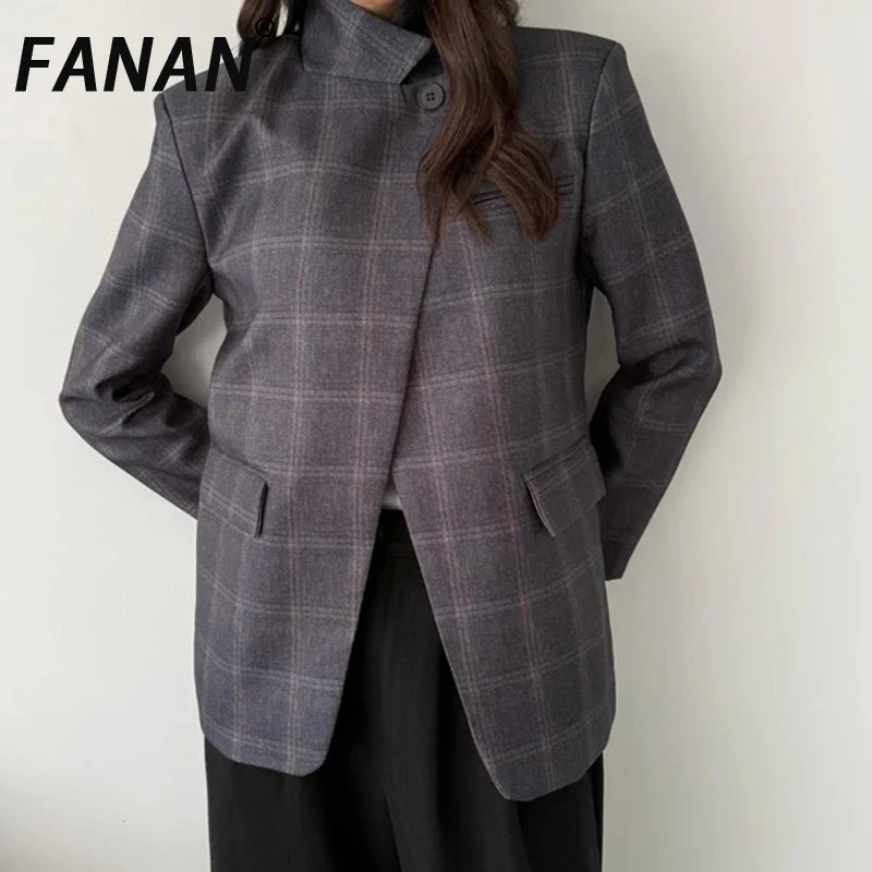 

FANAN Women's Plaid Contrast Color Blazers Stand Collar Asymmetry Design Fit Coats Fashion Female Jackets 2026 Spring New