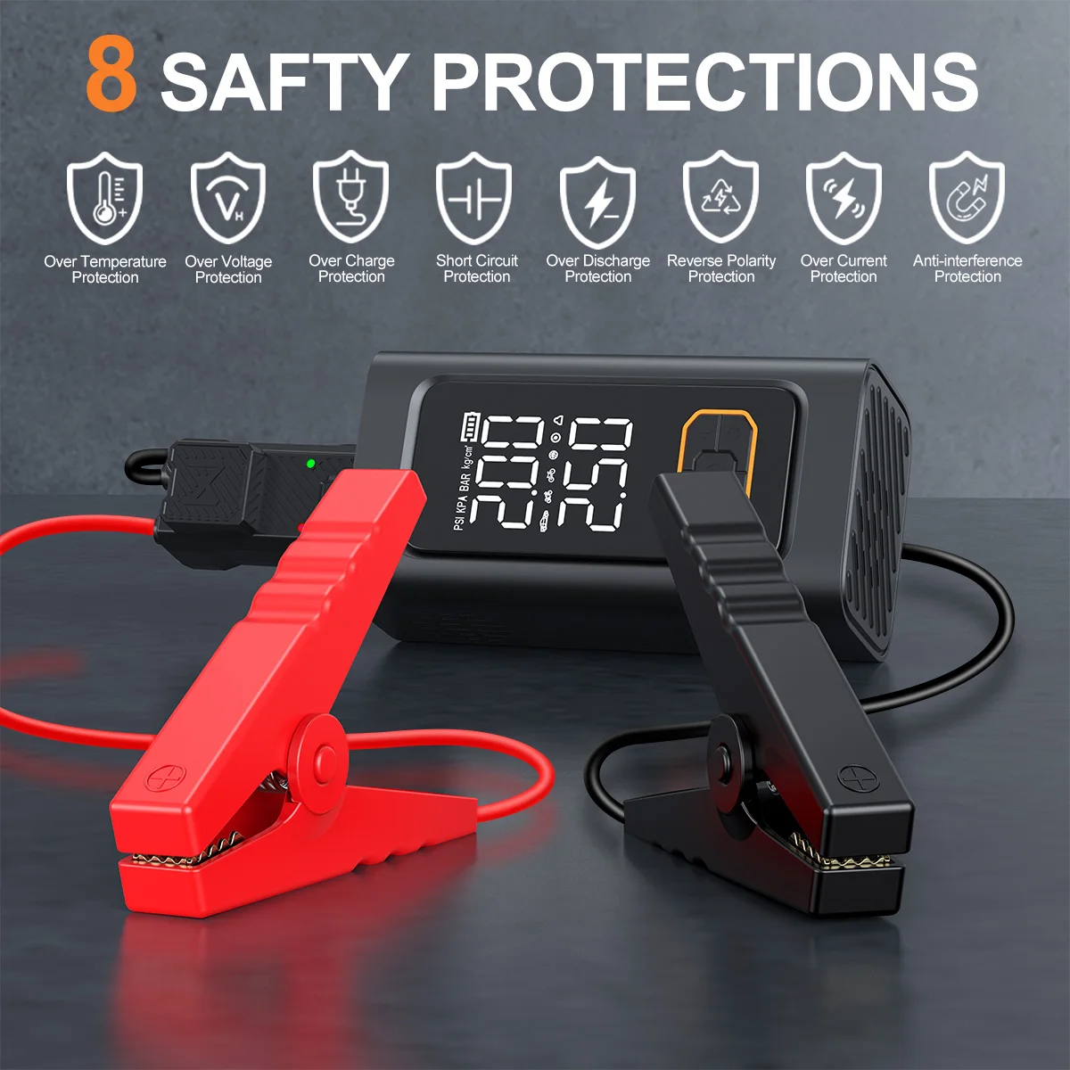 5000A Spitzenleistungs-Auto-Starthilfe mit 150PSI Luftpumpe, tragbares Startgerät, 12V Auto-Starthilfe, Auto-Batterie-Booster-Powerbank mit LED-Taschenlampe, großem Bildschirm und Spannungsanzeige
