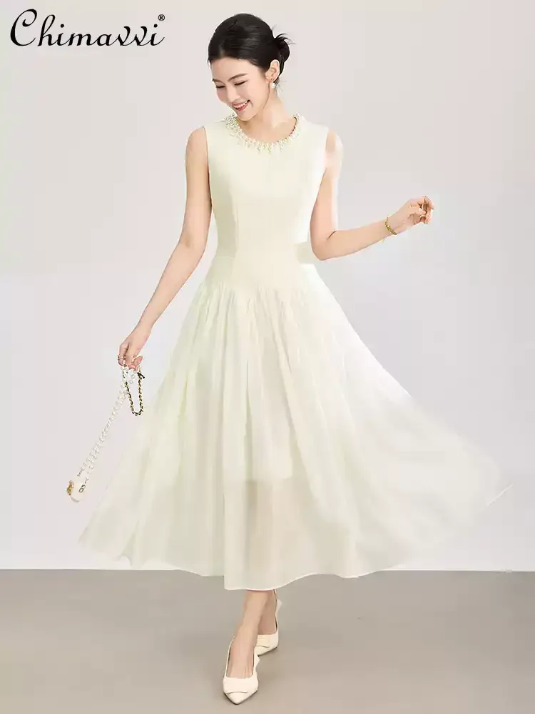 

French Elegant Temperament Socialite Summer Party Dress Bead Crew Neck Sleeveless High Waist A-line White Long Dress Women 2026