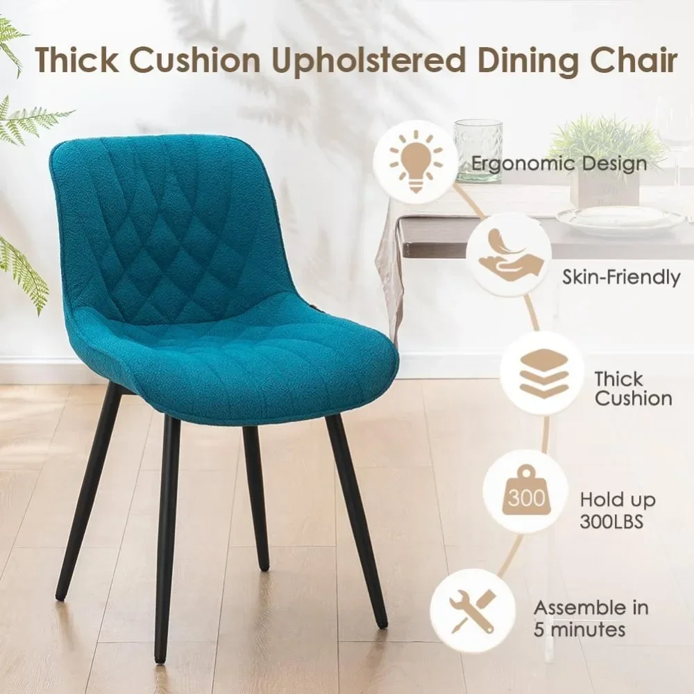 Comfortable Dining Chairs Set of 2,   Kitchen Dining Room Chairs, Upholstered Backrest  Dining Chair with Black Metal, Teal