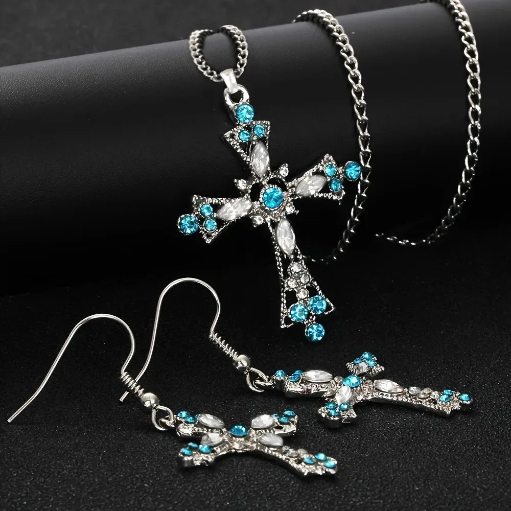1 pair of earrings+1 pendant necklace set, wedding and engagement friend gift, sparkling cross design rhinestone jewelry set