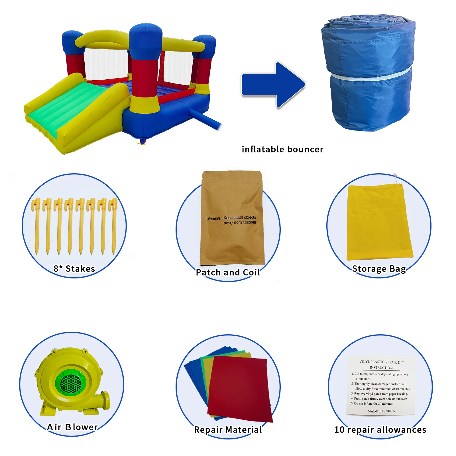 บ้านลมพร้อมสไลเดอร์, บ้านเด้งดึ๋งสำหรับเด็กอายุ 3-6 ปี ใช้ได้ทั้งในร่มและกลางแจ้ง, ผนังตาข่ายนิรภัย, ปราสาทลม 11.5'x9'