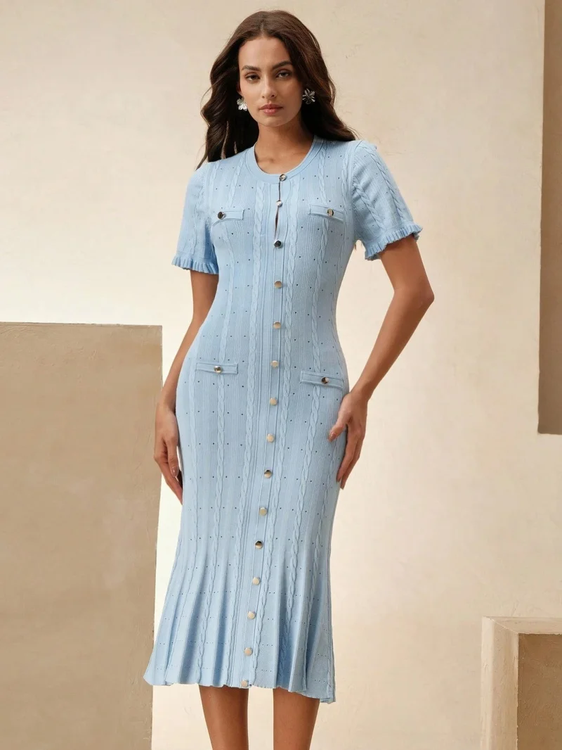 Elegantes Geripptes Strickkleid Sommerkleidung Damen 2026 Kurzarm O-Ausschnitt Maxi Lange Kleider OL-Stil Schlankmachendes Strickkleid