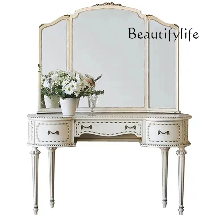

French romantic solid wood carving flower retro dresser bedroom curved old dressing table makeup table mirror
