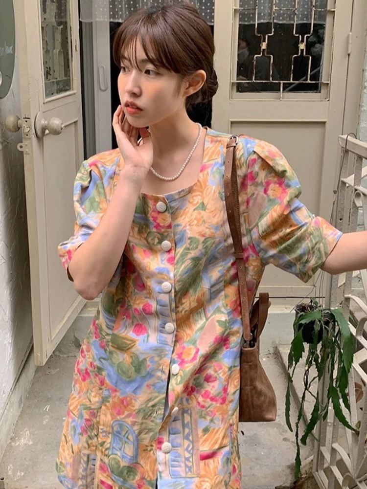 Summer New Sle Retro High Waist Print Dr Women's Faionable A-Line Skirt ort Sve Square Collar Hand-Painted Design