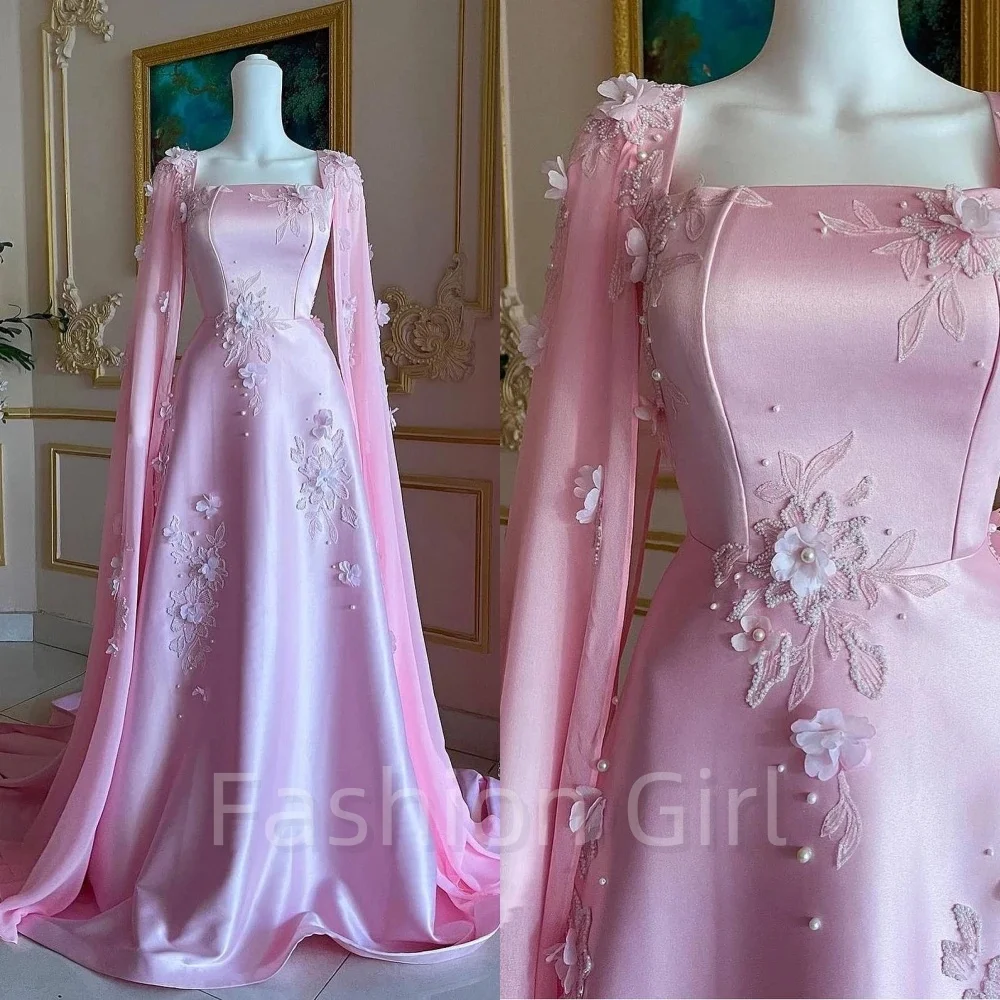 

Luxury Square Neck Ball gown Formal Gown Long Sleeves Beading Flower A Line Floor Length Skirts Evening Dress فساتين ال