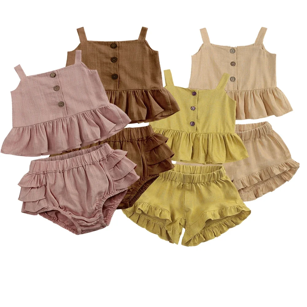

2025 Summer Baby 2pcs Tracksuit Suit Solid Linen Sleeveless Vest+Shorts Newborn Set Toddler Girls Lace Suspender Ruffles Clothes