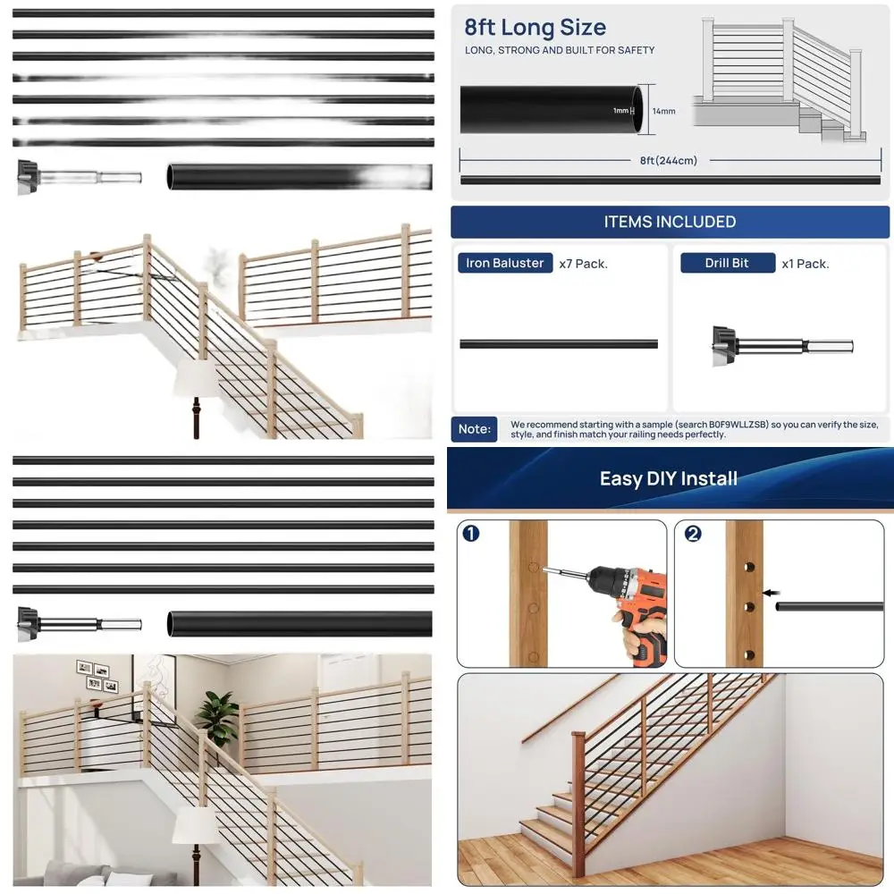 Matte Black 35/64 Hollow Iron Balusters, 7 Packs x 8, for 14mm Wood Drill, Indoor Staircase Railing